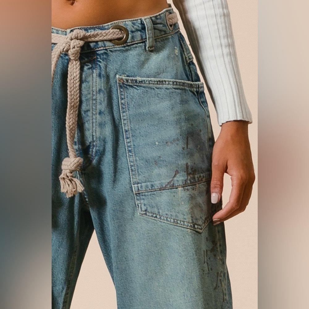 NWT BRAIDED WAIST BELT DRIP PAINTING DETAIL WASHED DENIM PANTS BARREL JEANS - Picture 4 of 14